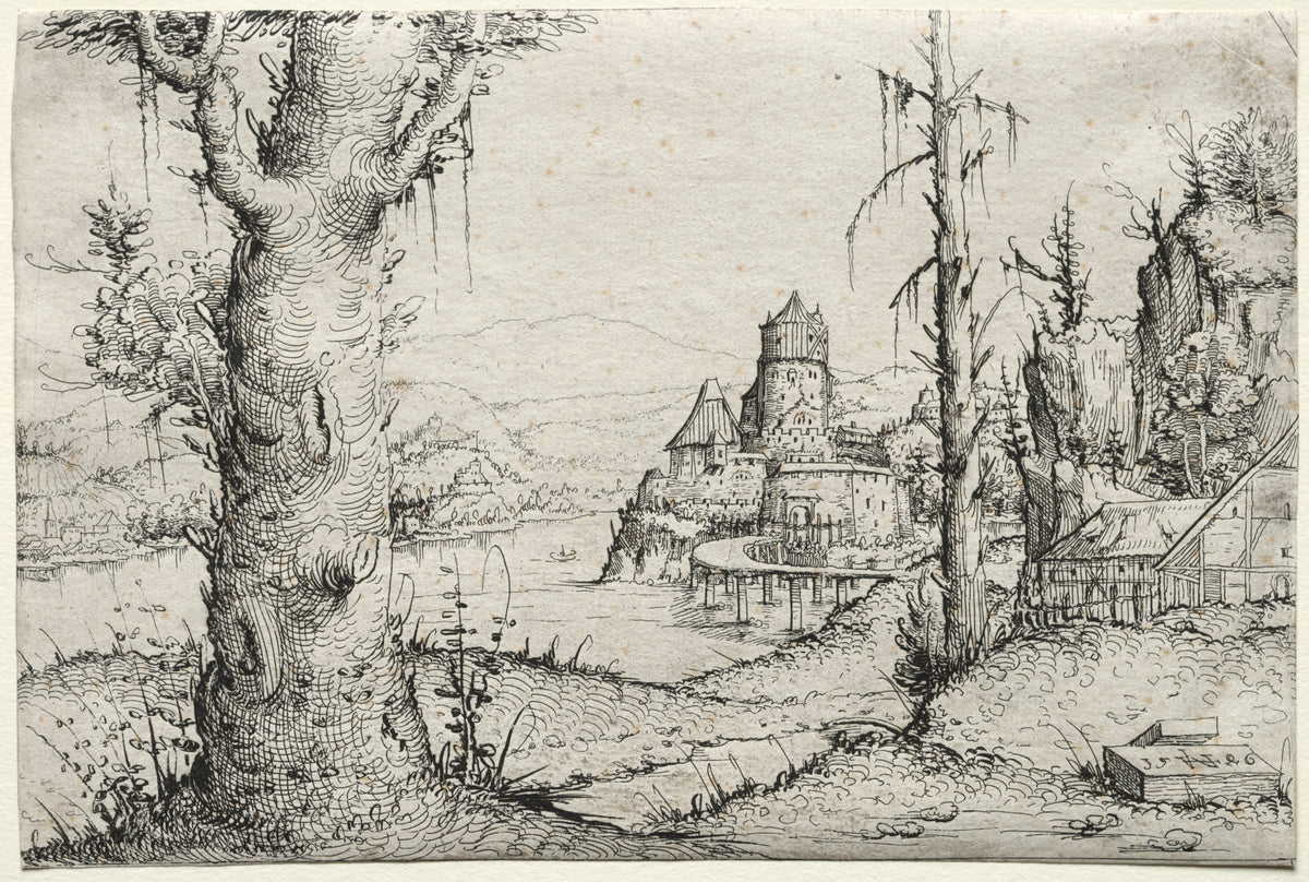 River Landscape with Large Tree at Left — Augustin Hirschvogel