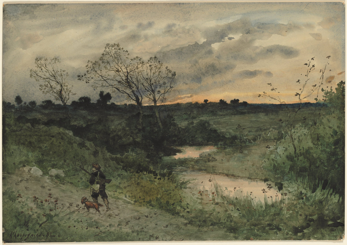 Dawn—Hunter with Dog — Henri Joseph Harpignies