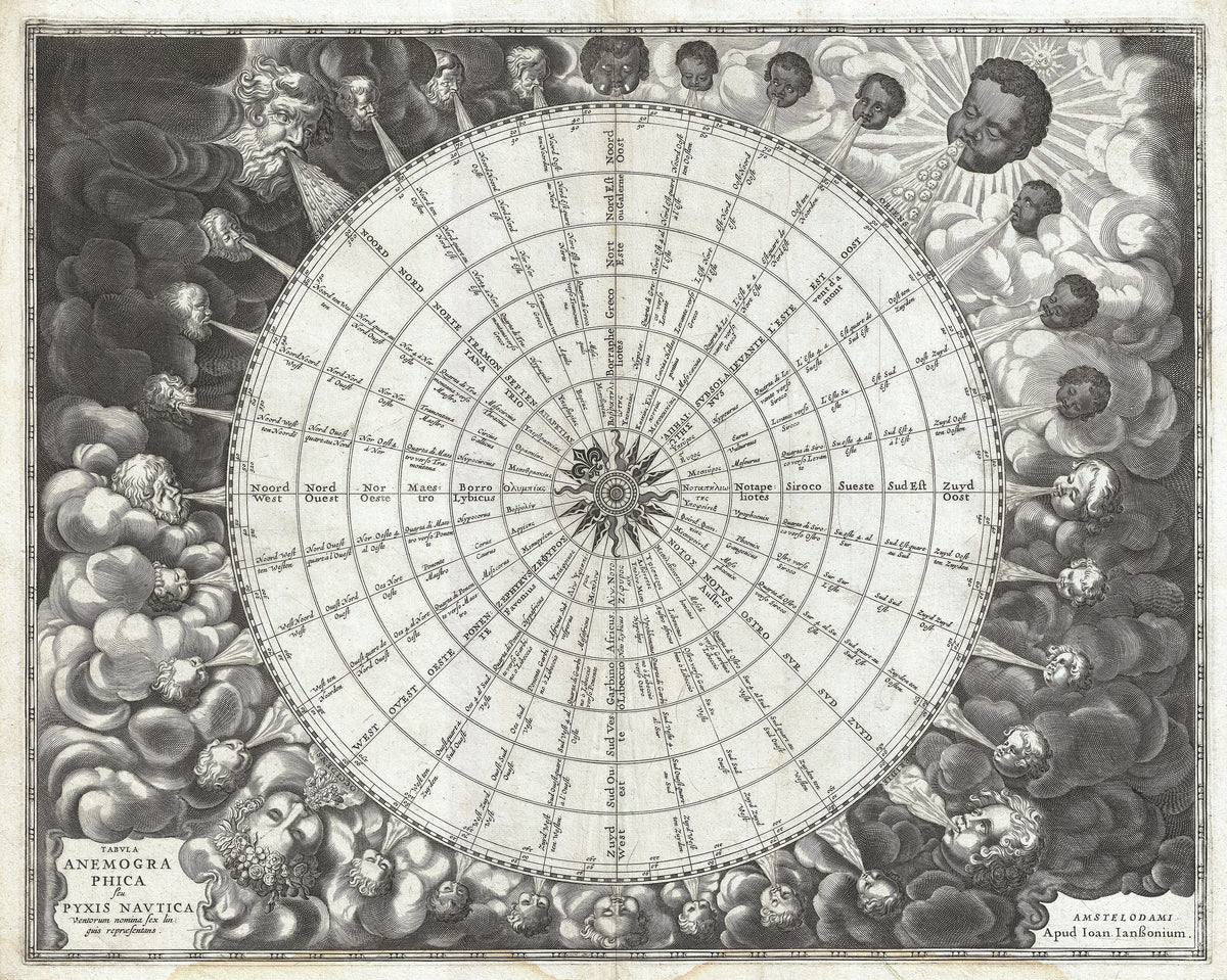 Hartă veche — Wind Rose, Anemographic Chart, or Winds, 1650 — Jan Janssonius