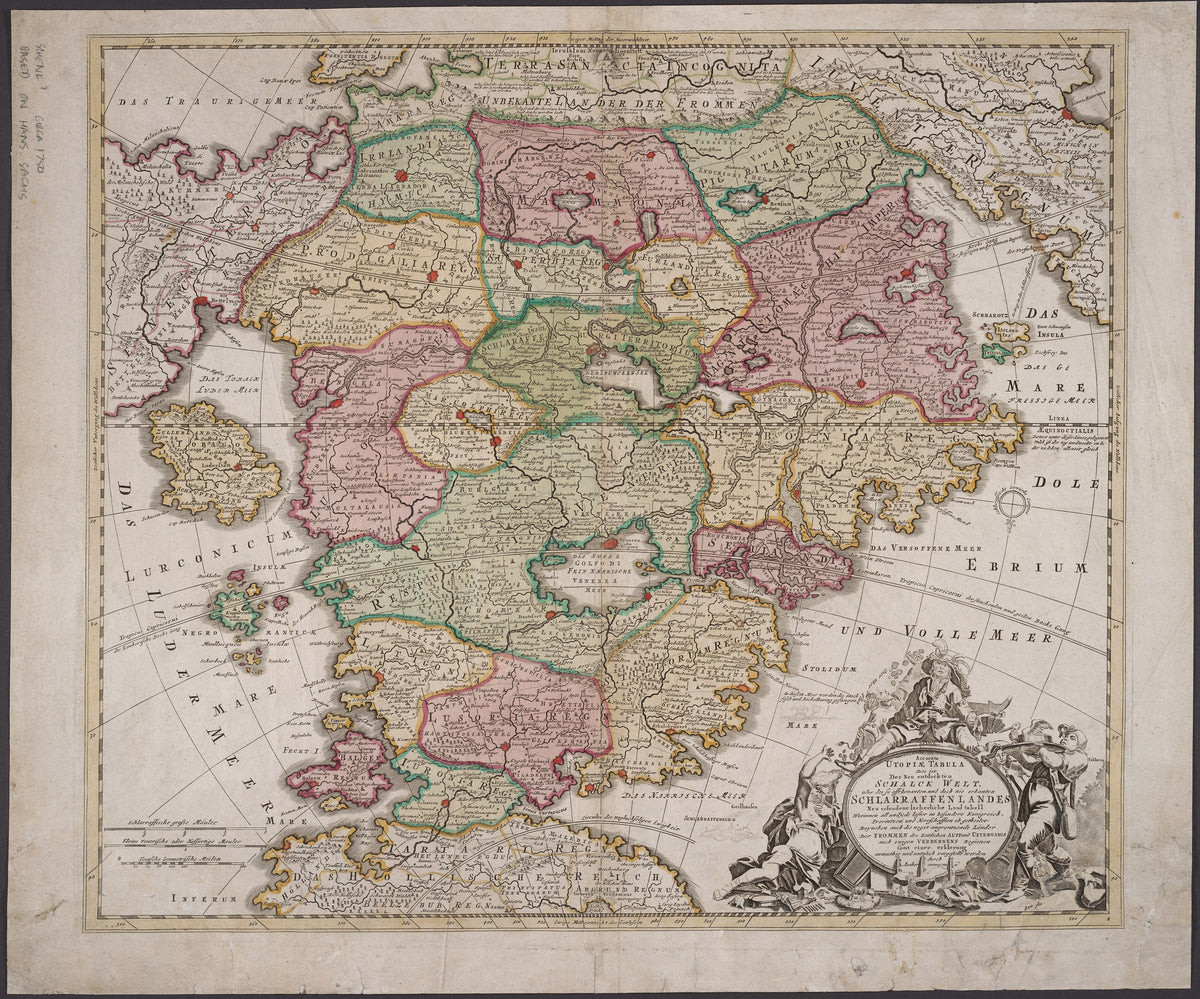 Hartă veche — Schlarraffenlandes (Accurata Utopiæ Tabula), 1694 — Johann Baptist Homann