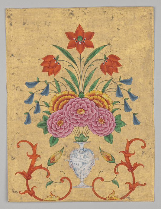 Vase with flower arrangement and scrollwork