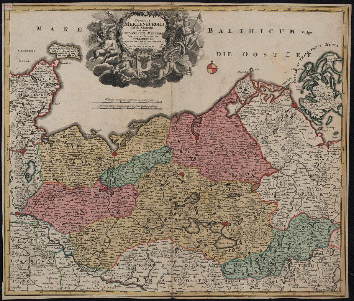 Hartă veche — Ducatus Mecklenburgici tabula generalis continens du Vandaliae et — Johann Baptist Homann