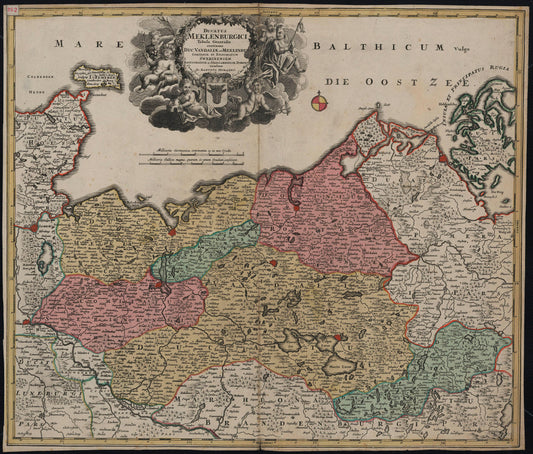 Hartă veche — Ducatus Mecklenburgici tabula generalis continens du Vandaliae et — Johann Baptist Homann