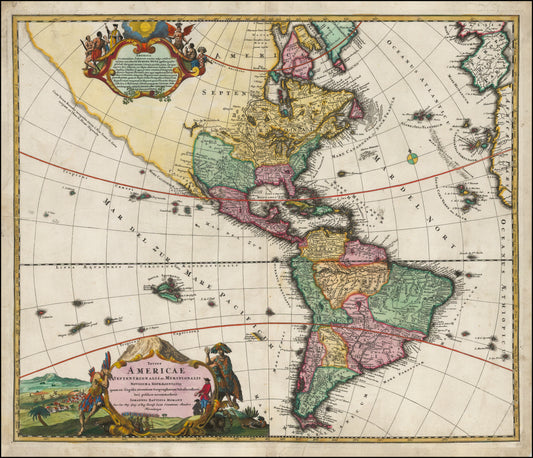 Hartă veche — Totius Americae Septentrionalis et Meridionalis Novissima, 1720 — Johann Baptist Homann
