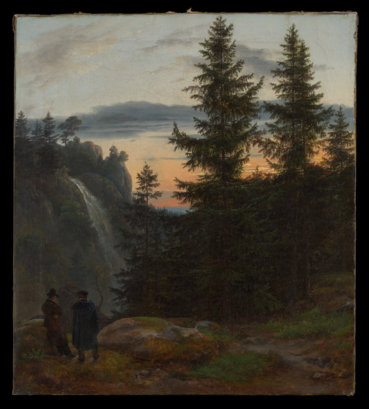 Two Men before a Waterfall at Sunset — Johan Christian Dahl