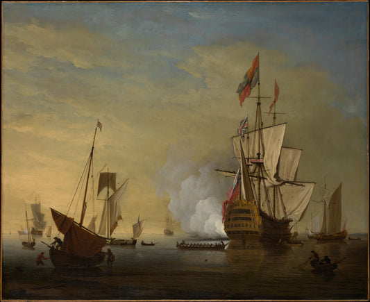 Harbor Scene: An English Ship with Sails Loosened Firing a Gun — Peter Monamy