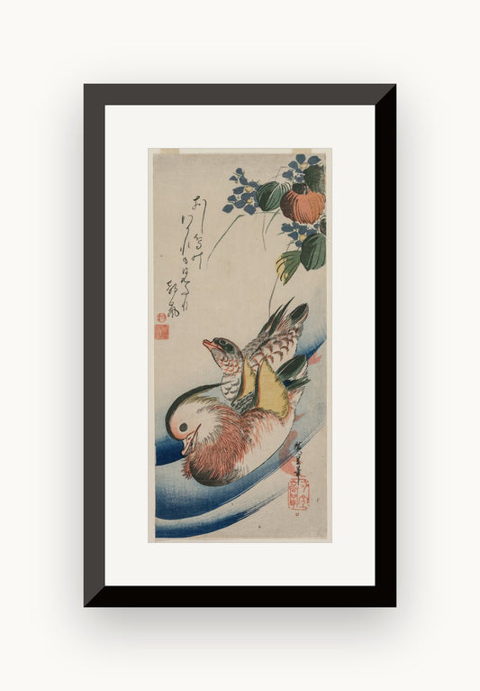 Rațe mandarin și plante înflorite — Utagawa Hiroshige
