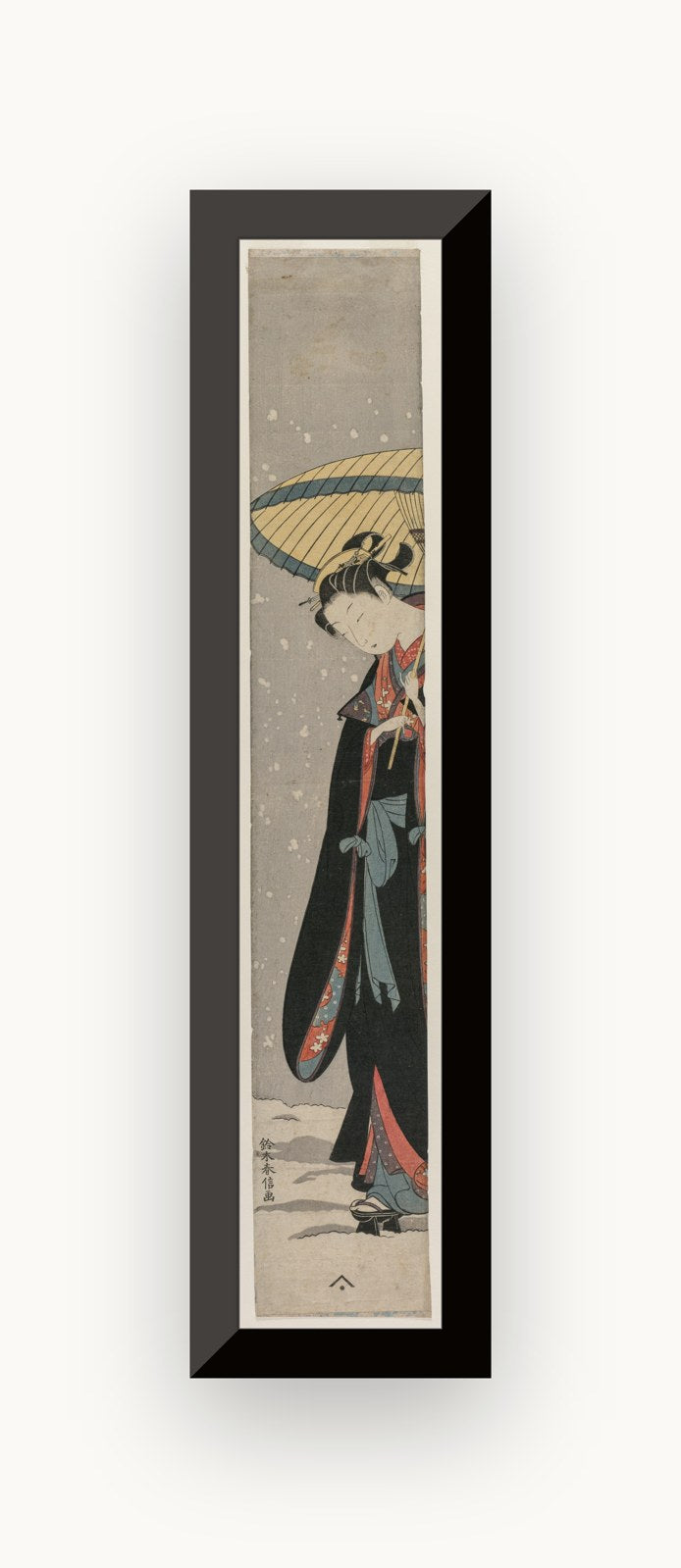 Tânără pășind prin zăpadă cu umbrelă — Suzuki Harunobu